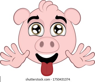 Vector illustration of the face of a cartoon pig or pig, waving with his hands and tongue out