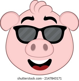 Vector illustration of the face of a cartoon pig with sunglasses