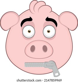 Vector illustration of the face of a cartoon pig with a zipper in the mouth