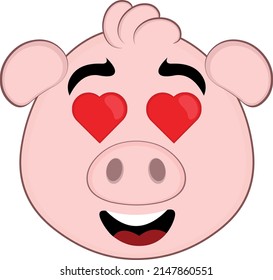 Vector illustration of the face of a cartoon pig with a happy, loving expression and eyes in the shape of hearts