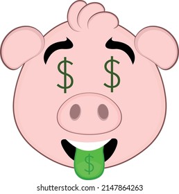Vector illustration of the face of a cartoon pig with eyes and tongue with the dollar symbol