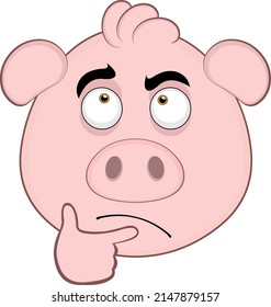 Vector illustration of the face of a cartoon pig with a thinking or doubt expression