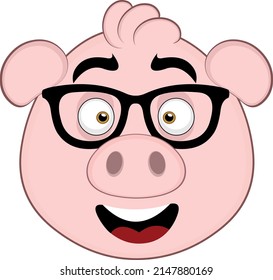 Vector illustration of the face of a cartoon pig with nerd glasses