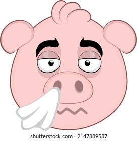 Vector illustration of the face of a cartoon pig with a flu state and a handkerchief on the nose