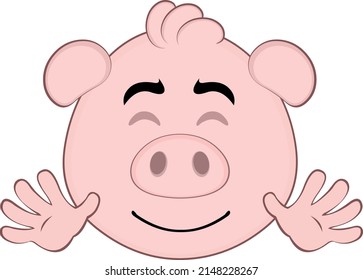 Vector illustration of the face of a cartoon pig with a happy expression and his hands waving