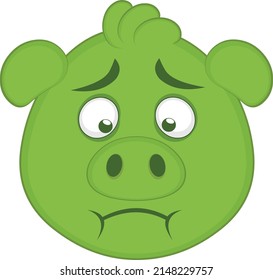 Vector illustration of the face of a cartoon pig with a green color of nausea