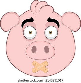 Vector illustration of the face of a cartoon pig with adhesive bands on the mouth