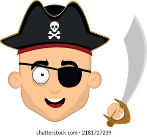 Vector illustration of the face of a cartoon pirate with a hat, eye patch and a sword in his hand