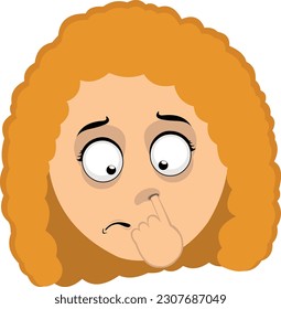 vector illustration face of a cartoon redhead woman, picking her nose