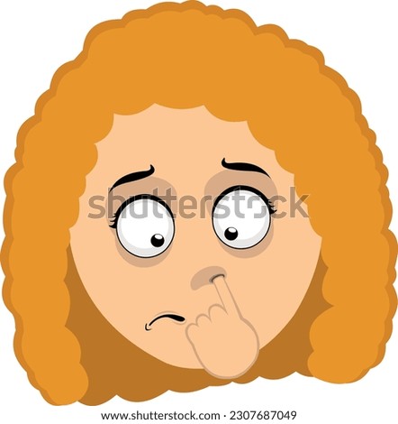 vector illustration face of a cartoon redhead woman, picking her nose