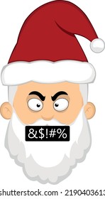 Ilustración vectorial de la cara de una caricatura de Santa Claus con una expresión furiosa y un insulto censurado en la boca