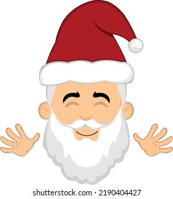 Vector illustration of the face of a cartoon Santa Claus with a happy expression and waving with his hands