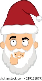 Ilustración vectorial de la cara de una caricatura de Santa Claus con una expresión de pensamiento o de duda con la mano en la barbilla