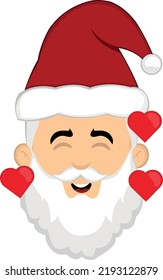Vector illustration of the face of a cartoon santa claus in love surrounded by hearts