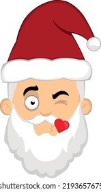 Ilustración vectorial de la cara de una caricatura santa claus dando un beso con forma de corazón