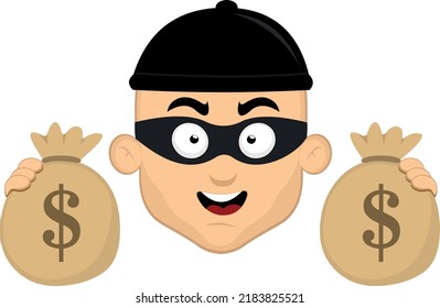 Vector illustration of the face of a cartoon thief with bags of money in his hands