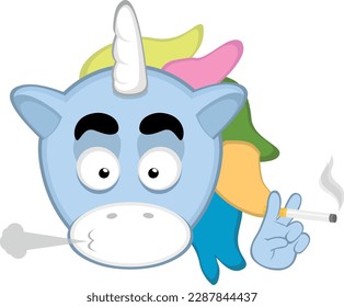 vector illustration face of a cartoon unicorn smoking a cigarette