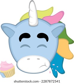 vector illustration face of a cartoon unicorn eating a cupcake or muffin