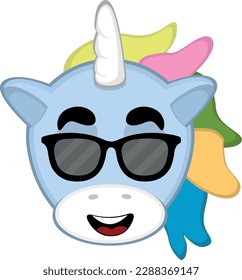 vector illustration face of a cartoon unicorn with sunglasses