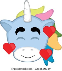 vector illustration face of a cartoon unicorn with a happy expression, in love and surrounded by hearts