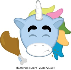 vector illustration face of a cartoon unicorn eating a chicken leg