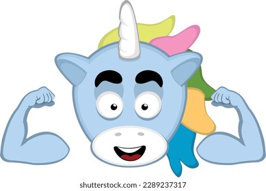 vector illustration face of a cartoon unicorn showing the biceps of the arms