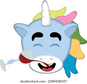 vector illustration face of a cartoon unicorn drinking a glass of wine