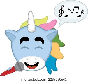 vector illustration face of a cartoon unicorn singing with a microphone in hand, a speech bubble and musical notes