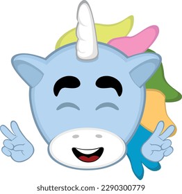 vector illustration face of a cartoon unicorn, a happy expression, making the classic gesture of love and peace with his hands