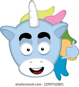 vector illustration face of a cartoon unicorn, a cheerful expression, making a call me by phone or shake gesture with his hand