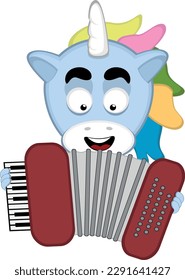 vector illustration face of a cartoon unicorn playing musical instrument accordion