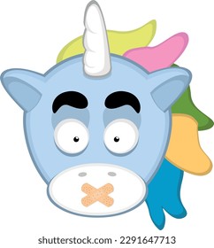 vector illustration face of a cartoon unicorn with adhesive bands in the mouth