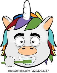 vector illustration face of a cartoon unicorn brushing his teeth with a toothbrush