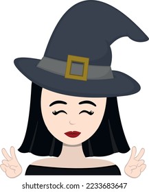 vector illustration of the face of a cartoon witch with a happy expression, making the classic gesture of love and peace or v victory with her hands