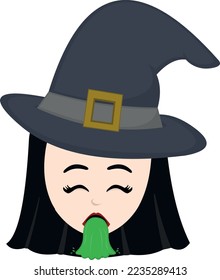 vector illustration of the face of a cartoon witch throwing up