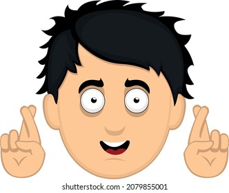 Vektorgrafik des Gesichts eines Cartoons, der jungen Mann, der sich die Finger kreuzt