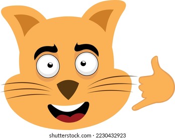 vector illustration of the face of a cat cartoon making a gesture with his hand to call me by phone or shake