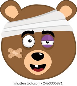 vector illustration face character brown bear grizzly injured cartoon, with bandages on his head, a black eye and a single tooth