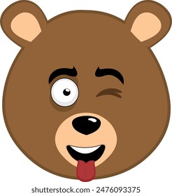 vector illustration face character brown bear grizzly cartoon with a cheerful expression, winking eye and sticking out tongue