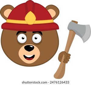 vector illustration face character brown bear grizzly cartoon, with a fireman helmet and axe in hand