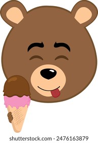 vector illustration face character brown bear grizzly cartoon, with an ice cream  wafer cone in his hand and an yummy expression
