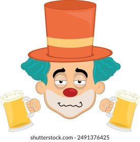 vector illustration face character clown cartoon, drunk with beers glasses in his hands