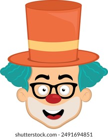 Ilustración vectorial cara personaje payaso de dibujos animados, con gafas de nerd