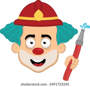 vector illustration face character clown cartoon, with a fireman helmet, a hose in hand and water drop