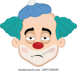 vector illustration face character clown cartoon, sick with a thermometer in his mouth and a bag of water on his head