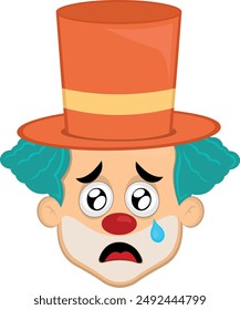 vector illustration face character clown cartoon, with a sad expression, watery eyes and a tear falling from one eye