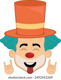 vector illustration face character clown cartoon, making the classic heavy metal gesture with hands and sticking out tongue