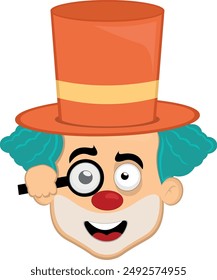 vector illustration face character clown cartoon, watching with a magnifying glass