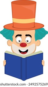 Caricatura del payaso del personaje de la cara de la Ilustración vectorial, sosteniendo, leyendo y estudiando libro