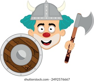Caricatura de payaso de personaje de cara de Ilustración vectorial con un casco con cuernos, un escudo y un hacha vikinga